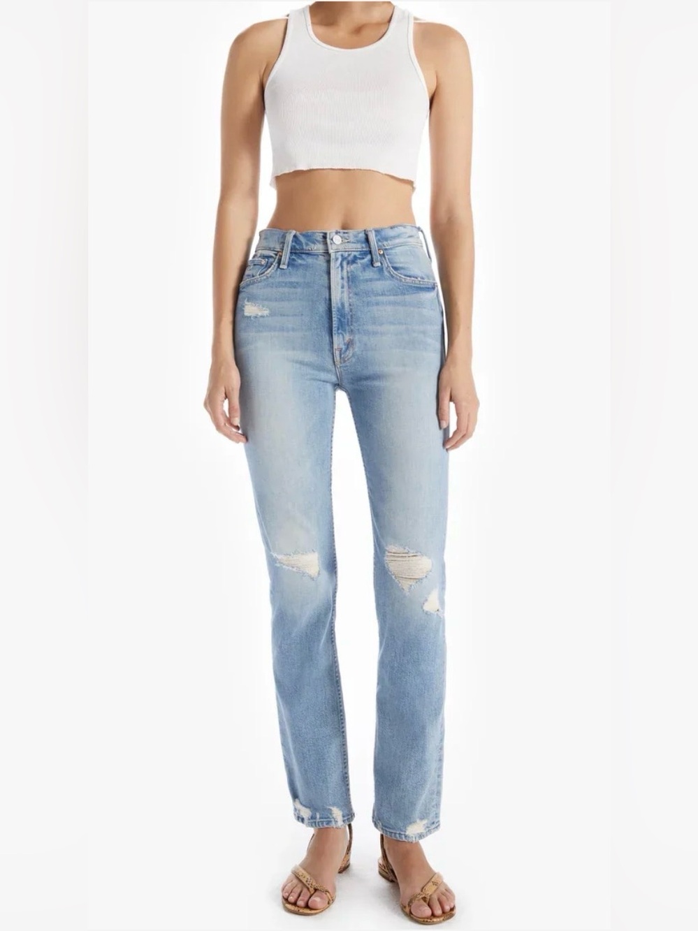MOTHER Light Blue High-Rise Straight Leg Distressed Jeans